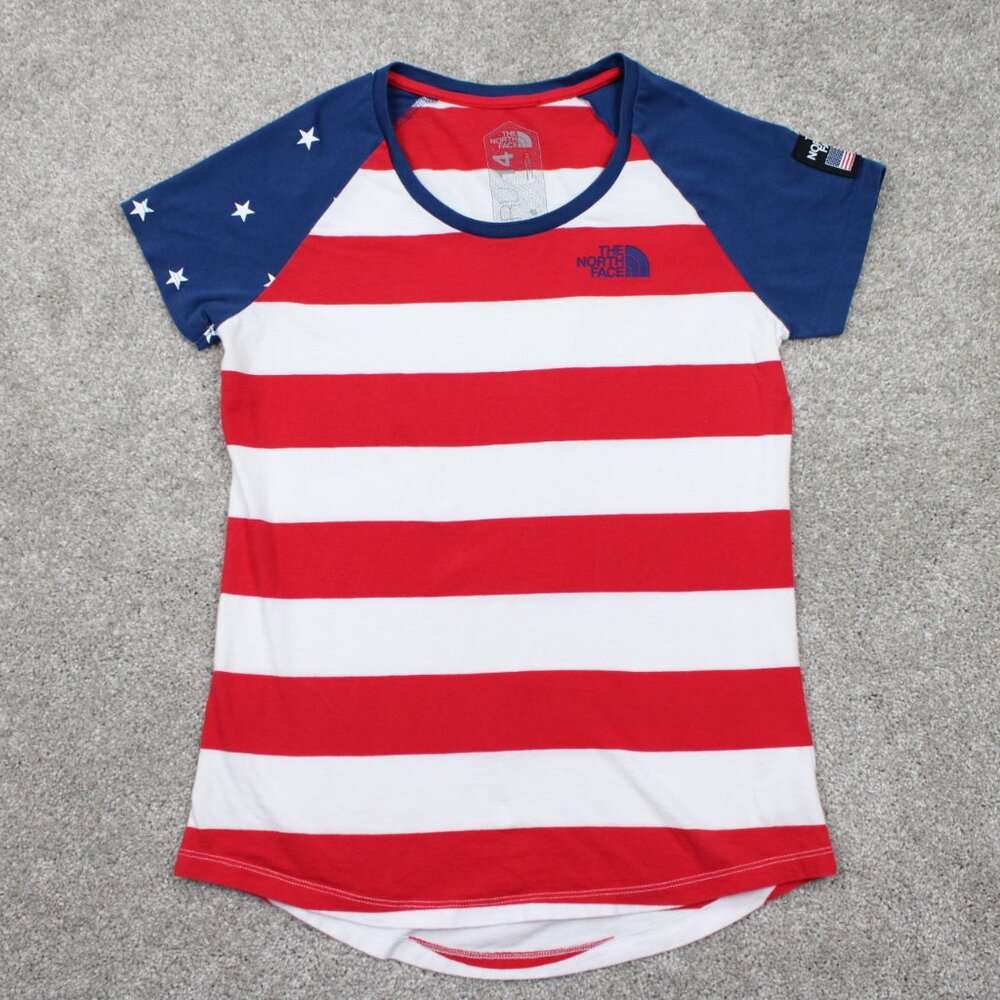 The North Face RU/14 Shirt Womens Medium Red/White/Blue Cotton S/S Pullover‎